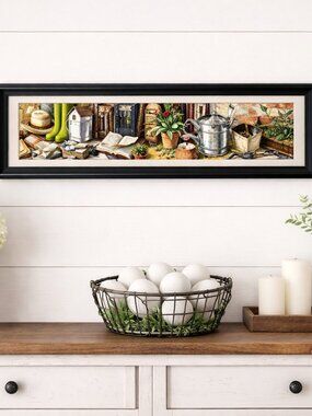 Farmhouse Decor Bundle | Rustic Garden Framed Print + 12 White Decorative Eggs S